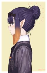 Rule 34 | 1girl, absurdres, alternate hairstyle, black-framed eyewear, black dress, blue eyes, blush, closed mouth, commentary, dress, emphasis lines, flat chest, from side, glasses, gradient hair, hair bun, half updo, headpiece, highres, hololive, hololive english, multicolored hair, ninomae ina&#039;nis, ninomae ina&#039;nis (casual), official alternate costume, pinafore dress, pointy ears, profile, purple shirt, rinfamm, shirt, short hair, simple background, single hair bun, sleeveless, sleeveless dress, smile, solo, striped clothes, striped shirt, tentacle hair, twitter username, two-tone hair, upper body, vertical-striped clothes, vertical-striped shirt, virtual youtuber, yellow background