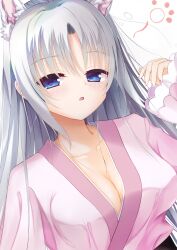 Rule 34 | 1girl, absurdres, animal ear fluff, animal ears, blue eyes, blush, breasts, cleavage, commentary request, eyes visible through hair, fingernails, grey hair, hair between eyes, hair down, half-closed eyes, hand up, highres, japanese clothes, kiki0319i, kimono, large breasts, long hair, looking at viewer, open mouth, pink kimono, senren banka, simple background, sleepy, solo, squeans, straight hair, tomotake yoshino, upper body, white background, wide sleeves, wolf ears