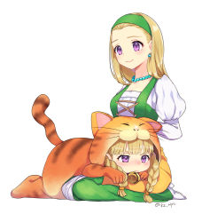 Rule 34 | 2girls, animal costume, animal hood, bead necklace, beads, bell, blonde hair, blush, braid, cat costume, closed mouth, dragon quest, dragon quest xi, dress, earrings, full body, green hairband, hairband, high heels, hood, jewelry, jingle bell, juliet sleeves, kz ripo, long sleeves, lying, multiple girls, necklace, on stomach, puffy sleeves, purple eyes, senya (dq11), siblings, simple background, sisters, sitting, twin braids, twitter username, uneven eyes, veronica (dq11), white background, white footwear
