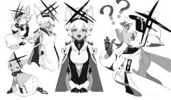 Rule 34 | 1girl, ?, ??, absurdres, alchemy stars, animal ears, animal hands, animalization, breasts, cat, cat ears, cat girl, cat paws, cat tail, coat, cross, fish, fish in mouth, gloves, greyscale, hair over one eye, hat, highres, long coat, looking at viewer, monochrome, multiple persona, one eye closed, open mouth, paw pose, philyshy (alchemy stars), short hair, tail, tongue, tongue out, wulifeng