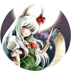 Rule 34 | 1girl, bracelet, circle, ex-keine, female focus, horn ornament, horn ribbon, horns, jewelry, kamishirasawa keine, long hair, lowres, mochinue, moon, red eyes, ribbon, round image, scroll, solo, touhou