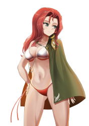 Rule 34 | 1girl, absurdres, artist name, bikini, breasts, cape, collared cape, cowboy shot, girls und panzer, green cape, green eyes, hair intakes, hand on own hip, highres, long hair, looking to the side, maiko (girls und panzer), medium breasts, mismatched bikini, navel, on shoulder, red bikini, red hair, signature, solo, string bikini, swimsuit, white bikini, ydg (eorbsaos1004)