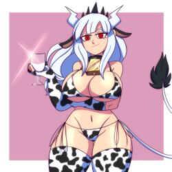 Rule 34 | 1girl, absurdres, animal ears, animal print, bikini, breasts, cow ears, cow print, cow tail, cowbell, cowboy shot, cup, demon girl, demon horns, elbow gloves, eyelashes, female focus, fingerless gloves, gloves, half-closed eyes, helltaker, highres, holding, holding cup, holding glass, horns, large breasts, long hair, looking at viewer, lucifer (helltaker), lueduar, milk, mole, mole on cheek, mole under eye, navel, pink background, red eyes, ringed eyes, shiny skin, side-tie bikini bottom, slit pupils, solo, standing, swimsuit, tail, thick thighs, thighs, white hair, wide hips