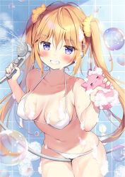 Rule 34 | &gt; &lt;, 1girl, bare arms, bare shoulders, between thighs, bikini, blonde hair, blush, breasts, bubble, collarbone, commentary request, grin, holding, long hair, looking at viewer, medium breasts, navel, original, pan (mimi), purple eyes, shower head, smile, solo, sponge, swimsuit, tile wall, tiles, twintails, very long hair, white bikini