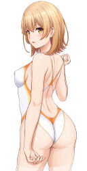 Rule 34 | 1girl, absurdres, ass, blonde hair, breasts, competition swimsuit, covered erect nipples, highres, inanaki shiki, isshiki iroha, looking at viewer, looking back, medium breasts, medium hair, one-piece swimsuit, solo, swimsuit, two-tone swimsuit, white background, white one-piece swimsuit, yahari ore no seishun lovecome wa machigatteiru., yellow eyes