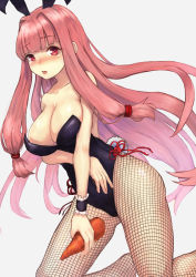Rule 34 | 1girl, alternate costume, animal ears, bare shoulders, black leotard, blunt bangs, blush, breasts, carrot, cleavage, collarbone, commentary request, fake animal ears, fishnet pantyhose, fishnets, grey background, hair ribbon, highres, holding, kotonoha akane, leotard, long hair, looking at viewer, lower teeth only, open mouth, pantyhose, pink hair, playboy bunny, rabbit ears, red eyes, ribbon, simple background, solo, teeth, totorosu, voiceroid