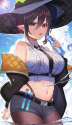 Rule 34 | 1girl, absurdres, amahara subaru, bare shoulders, belt, between breasts, black hat, black jacket, black shorts, bottle, braid, breasts, brown pantyhose, chest harness, collared shirt, cowboy shot, crop top, fang, frilled shirt, frills, hair between eyes, hand up, harness, hat, highleg, highres, holding, indie virtual youtuber, isonade orca, jacket, large breasts, long sleeves, looking at viewer, midriff, navel, o-ring, off shoulder, open clothes, open jacket, open mouth, pantyhose, pointy ears, red eyes, shirt, short hair, short shorts, shorts, sidelocks, sleeveless, sleeveless shirt, solo, stomach, strap, test tube, virtual youtuber, water, wet, white shirt, witch hat