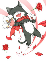Rule 34 | animal focus, black cat, cat, claws, commentary request, flower, full body, haty, jumping, no humans, open mouth, petals, ragnarok online, red flower, red scarf, rose, scarf, simple background, white background, wildrose