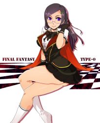 Rule 34 | black hair, breasts, cape, final fantasy, final fantasy type-0, glasses, purple eyes, queen (fft-0), ribbon, skirt, socks