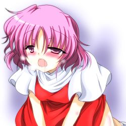 Rule 34 | 1girl, :o, blush, body blush, capelet, dress, drooling, eyebrows, half-closed eyes, mystic square, open mouth, pink background, pink eyes, pink hair, red dress, saliva, sara (touhou), simple background, solo, touhou, touhou (pc-98), tsunogiri