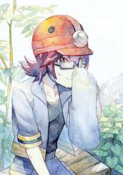 Rule 34 | 1boy, bench, black shirt, bright pupils, brown eyes, brown hair, closed mouth, collarbone, commentary request, creatures (company), game freak, glasses, grey jacket, grey pants, helmet, highres, holding, holding towel, jacket, looking at viewer, male focus, nintendo, orange headwear, pants, plant, pokemon, pokemon dppt, roark (pokemon), shirt, sitting, smile, solo, towel, wet, white pupils, yamanashi taiki