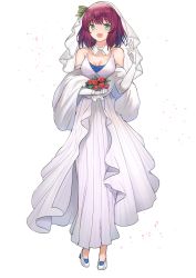 Rule 34 | 1girl, :d, absurdres, alternate costume, angel beats!, aqua eyes, bouquet, bow, breasts, bridal veil, choker, cleavage, dress, elbow gloves, flower, full body, gloves, green bow, hair bow, high heels, highres, holding, holding bouquet, long dress, looking at viewer, medium breasts, medium hair, open mouth, pleated dress, pumps, purple hair, red flower, sleeveless, sleeveless dress, smile, solo, sss (artist), standing, transparent background, veil, wedding dress, white dress, white footwear, white gloves, nakamura yuri