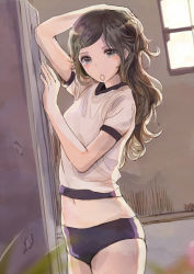 1girl arm_up blush brown_hair buruma closed_mouth cowboy_shot dutch_angle female_focus grey_eyes gym_uniform hair_ornament hair_tie hairclip hand_up hip_focus indoors kashiwagi_chisame light_smile locker locker_room looking_at_viewer midriff mouth_hold navel original shirt short_sleeves solo thighs wavy_hair white_shirt window