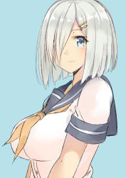 Rule 34 | 10s, 1girl, blue background, blue eyes, blush, breasts, female focus, hair ornament, hair over one eye, hairclip, hamakaze (kancolle), isshiki (ffmania7), kantai collection, large breasts, looking at viewer, school uniform, serafuku, short hair, silver hair, solo, upper body