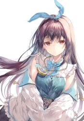 Rule 34 | 1girl, absurdres, breasts, chain, frills, hair ornament, hairband, highres, jacket, long hair, looking at viewer, miwabe sakura, off shoulder, original, parted lips, pocket watch, purple hair, red eyes, ribbon, scan, simple background, sleeveless, small breasts, solo, upper body, watch, white background