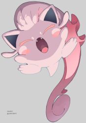 Rule 34 | :o, blush stickers, closed eyes, colored eyelashes, commentary request, creatures (company), fangs, full body, game freak, grey background, highres, nintendo, open mouth, outstretched arms, pokemon, scream tail, shouting, tongue, twitter username, valentine (02140314c)