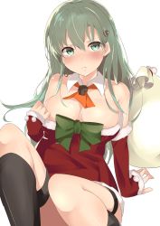 Rule 34 | 10s, 1girl, absurdres, alternate costume, arm support, bare shoulders, black socks, blush, breasts, christmas, christmas tree hair ornament, cleavage, detached collar, detached sleeves, fur-trimmed sleeves, fur trim, green eyes, green hair, hair between eyes, hair ornament, highres, kantai collection, kneehighs, knees up, large breasts, light frown, pout, sack, santa costume, sato (samanosuke 0710), simple background, sitting, sleeves past wrists, socks, solo, suzuya (kancolle), thigh strap, white background