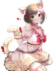 Rule 34 | 1girl, :3, animal ears, animal hands, breasts, brown hair, cat ears, cat paws, cat tail, clothing cutout, collarbone, dress, earrings, fang, floral print, frilled dress, frills, green eyes, heart, highres, idolmaster, idolmaster cinderella girls, jewelry, looking at viewer, maekawa miku, medium breasts, pom pom (clothes), pom pom earrings, rose print, shoulder cutout, simple background, solo, tail, white background, yuanagae