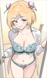 1girl absurdres aki_rosenthal aqua_bra aqua_panties blonde_hair blush bra breasts cleavage collarbone commentary doorway hairpods highres hololive lace lace-trimmed_bra lace-trimmed_panties lace_trim large_breasts open_clothes open_door open_shirt panties pov_doorway purple_eyes shirt short_hair smile solo symbol-only_commentary twin_(tt_lsh) underwear virtual_youtuber white_shirt