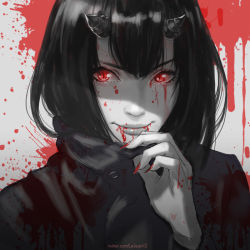 Rule 34 | 1girl, blood, blood from mouth, blood on face, blood splatter, fingernails, glowing, glowing eyes, greyscale, hand to own mouth, horns, lips, long fingernails, looking at viewer, medium hair, monochrome, nail polish, original, red eyes, red nails, rejean dubois, scarf, shaded face, solo, spot color, twitter username, upper body