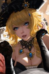 Rule 34 | 1girl, absurdres, artist name, bare shoulders, black gloves, black hat, blonde hair, blue eyes, blue gemstone, breasts, cleavage, commentary, detached sleeves, drill hair, drill sidelocks, faux traditional media, fingerless gloves, gem, genshin impact, gloves, hat, highres, impasto, jewelry, leaning on table, lipstick, long hair, looking at viewer, makeup, medium breasts, navia (genshin impact), painterly, parted lips, pointing, ravine bells, sidelocks, single fingerless glove, sitting, solo