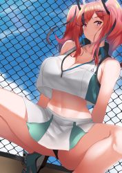 Rule 34 | 1girl, absurdres, azur lane, bare shoulders, black panties, blush, breasts, bremerton (azur lane), bremerton (scorching-hot training) (azur lane), chain-link fence, cleavage, collarbone, collared shirt, crop top, crop top overhang, day, fence, hair intakes, hair ornament, hairclip, head tilt, highres, large breasts, long hair, looking at viewer, miniskirt, mole, mole on breast, mole under eye, multicolored hair, navel, panties, pink eyes, pink hair, pleated skirt, shirt, shoes, skirt, sky, sleeveless, sleeveless shirt, smile, sneakers, sportswear, spread legs, squatting, stomach, streaked hair, sweatdrop, tennis uniform, tiptoes, twintails, two-tone shirt, two-tone skirt, underwear, vitotraps, x hair ornament