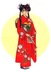 Rule 34 | 1990s (style), 1girl, arrow (projectile), brown hair, floral print, flower, full body, green eyes, hair flower, hair ornament, highres, holding, holding arrow, japanese clothes, kimono, long hair, long sleeves, looking at viewer, mamono hunter youko, mano youko, miyao gaku, non-web source, obi, official art, parted lips, red kimono, retro artstyle, sandals, sash, smile, solo, standing, tabi, twintails
