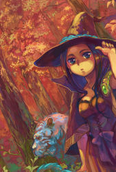 Rule 34 | ame yamori, blue eyes, brown hair, forest, grey eyes, hat, nature, original, solo, tiger, tree, witch hat