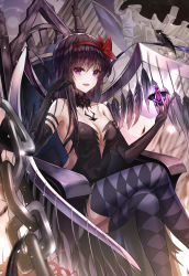 Rule 34 | 1girl, akemi homura, akuma homura, argyle, argyle clothes, argyle legwear, armchair, bare shoulders, black dress, black gloves, black hair, bottle, bow, breasts, chain, chair, choker, cleavage, cleavage cutout, clothing cutout, crossed legs, dress, elbow gloves, feathered wings, feathers, gloves, hair between eyes, hair bow, hair ribbon, highres, holding, holding bottle, limit x, long hair, looking at viewer, mahou shoujo madoka magica, mahou shoujo madoka magica: hangyaku no monogatari, md5 mismatch, open mouth, perfume bottle, purple eyes, resolution mismatch, ribbon, sitting, smile, solo, source larger, tattoo, thighhighs, wings