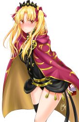 Rule 34 | 1girl, absurdres, black thighhighs, blonde hair, blush, cape, earrings, ereshkigal (fate), fate/grand order, fate (series), gold trim, hair ribbon, highres, hop grenade, jewelry, long hair, red cape, red eyes, red ribbon, ribbon, simple background, single thighhigh, solo, thighhighs, tiara, tohsaka rin, twintails, white background