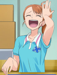 Rule 34 | 1girl, :d, ^ ^, blue shirt, brown hair, closed eyes, collarbone, closed eyes, haruyama kazunori, laughing, natsuumi aoi, open mouth, ponytail, precure, shirt, short hair, short sleeves, smile, solo, teeth, tropical-rouge! precure, upper body, upper teeth only
