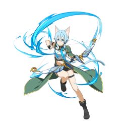 Rule 34 | 1girl, animal ears, arm strap, armor, arrow (projectile), asymmetrical sleeves, black ribbon, black shorts, blue hair, bow (weapon), breastplate, cape, cat ears, cat tail, full body, green cape, green sleeves, hair ribbon, highres, holding, holding arrow, holding bow (weapon), holding weapon, index finger raised, leg up, midriff, navel, official art, ribbon, short hair with long locks, short shorts, shorts, sidelocks, sinon (sao-alo), solo, stomach, sword art online, tail, thigh strap, transparent background, uneven sleeves, waist cape, weapon