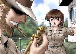 Rule 34 | 1boy, 1girl, brown eyes, brown hair, cigar, cloud, day, faceless, faceless male, grin, jungle, mouth hold, nature, open mouth, original, shingyouji tatsuya, sky, sleeves rolled up, smile, water