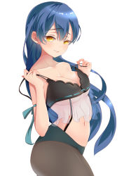 Rule 34 | 10s, 1girl, alternate costume, arm ribbon, bare shoulders, black bra, black pantyhose, blue hair, bra, breasts, cleavage, closed mouth, collarbone, cowboy shot, eyebrows, frills, from side, hair between eyes, highres, holding strap, large breasts, lingerie, long hair, looking at viewer, love live!, love live! school idol project, navel, panties, panties over pantyhose, pantyhose, ribbon, ribbon trim, see-through, simple background, smile, solo, sonoda umi, stomach, strap pull, underwear, underwear only, unfastened, white background, xinshijie de akalin, yellow eyes