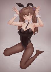 Rule 34 | 1girl, absurdres, alternate costume, animal ears, black leotard, black necktie, blush, bow, breasts, brown hair, brown pantyhose, cleavage, collar, commentary request, detached collar, fake animal ears, full body, hair bow, hair intakes, highres, himekaidou hatate, leotard, long hair, looking at viewer, medium bangs, medium breasts, necktie, ni (221), no shoes, open mouth, pantyhose, playboy bunny, purple bow, rabbit ears, rabbit pose, sitting, solo, strapless, strapless leotard, touhou, twintails, wariza, white collar, wing collar, wrist cuffs