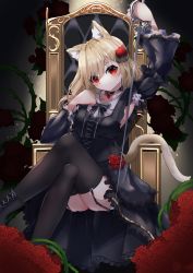 Rule 34 | 1girl, absurdres, animal ear fluff, animal ears, arm up, armpit cutout, ass, black bow, black choker, black dress, black flower, black footwear, black rose, black thighhighs, blonde hair, boots, bow, breasts, cat ears, cat girl, cat tail, choker, closed mouth, clothing cutout, collared shirt, cross-laced footwear, crossed legs, dress, flower, frilled dress, frills, garter straps, gothic lolita, hair between eyes, hair flower, hair ornament, head tilt, highres, hinata (user rjkt4745), holding, holding sword, holding weapon, lace-up boots, layered sleeves, lolita fashion, long sleeves, original, puffy short sleeves, puffy sleeves, red eyes, red flower, red rose, rose, saber (weapon), shirt, short over long sleeves, short sleeves, sitting, small breasts, solo, striped, striped bow, sword, tail, thighhighs, thorns, throne, weapon, white shirt