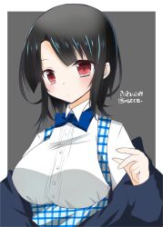 Rule 34 | 1girl, alternate costume, apron, black hair, blue apron, blue bow, blue bowtie, bow, bowtie, breasts, checkered apron, checkered clothes, gingham apron, highres, inscco, jacket, kantai collection, kobeya uniform, large breasts, plaid, plaid apron, red eyes, short hair, solo, takao (kancolle), uniform, waitress