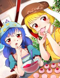 Rule 34 | 2girls, alternate headwear, animal ears, baking, blonde hair, blue hair, blush, brown headwear, cabbie hat, cabinet, commission, cookie, crescent print, dutch angle, eating, eyebrows hidden by hair, finger in own mouth, flat chest, food, food in mouth, hat, highres, holding, holding food, indoors, kaisenpurin, long hair, looking at viewer, low-tied long hair, mixing bowl, multiple girls, puffy short sleeves, puffy sleeves, rabbit ears, red eyes, ringo (touhou), seiran (touhou), short hair, short sleeves, skeb commission, swept bangs, touhou, upper body