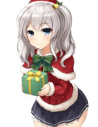 Rule 34 | 10s, 1girl, aran sweater, blue eyes, box, cable knit, caplet, christmas, don (29219), fur trim, gift, gift box, grey eyes, grey skirt, hat, kantai collection, kashima (kancolle), looking at viewer, pleated skirt, santa costume, santa hat, silver hair, simple background, skirt, smile, solo, sweater, twintails, wavy hair, white background