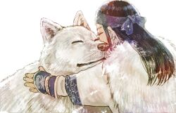 Rule 34 | 1girl, ainu, ainu clothes, animal, animal hug, asirpa, bandana, blue bandana, cape, closed eyes, commentary request, earrings, from behind, fur cape, golden kamuy, hoop earrings, jewelry, light particles, long hair, long sleeves, mudi mudi, retar, robe, simple background, solo, tekunpe, upper body, white background, white robe, wolf