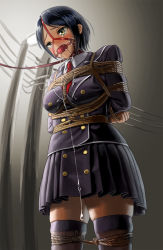 Rule 34 | 1girl, arms behind back, ball gag, bdsm, blue hair, blue skirt, blush, bondage, bound, bound arms, bound legs, breast bondage, breasts, buttons, coat, collar, collared shirt, cowboy shot, crying, crying with eyes open, double-breasted, drooling, gag, gagged, hayami kanade, idolmaster, idolmaster cinderella girls, itou tatsuya, large breasts, leash, long sleeves, necktie, open mouth, parted bangs, pleated skirt, red necktie, rope, saliva, saliva trail, shibari, shibari over clothes, shirt, short hair, skirt, slave, solo, standing, tears, thighhighs, uniform, white shirt, yellow eyes