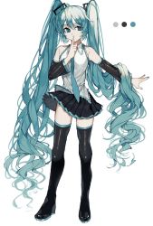 Rule 34 | 1girl, black footwear, black skirt, black sleeves, black thighhighs, blue eyes, blue hair, boots, collared shirt, commentary, deep (deep4946), detached sleeves, finger to mouth, hand up, hatsune miku, highres, long hair, pleated skirt, shirt, shushing, simple background, skirt, sleeveless, sleeveless shirt, solo, standing, thigh boots, thighhighs, twintails, very long hair, vocaloid, white background, white shirt