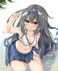 Rule 34 | 1girl, bikini, black hair, blue headband, blue sarong, breasts, commentary request, hatsushimo (kancolle), headband, highres, kantai collection, kasashi (kasasi008), long hair, looking at viewer, low-tied long hair, partially submerged, red eyes, sarong, sitting, small breasts, solo, swimsuit, wariza, water, white bikini