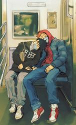 Rule 34 | 2boys, bag, black hair, black nails, blue pants, cellphone, closed eyes, couple, extra eyes, facial tattoo, full body, fushiguro megumi, grey pants, hair between eyes, highres, holding, holding phone, hood, hood up, hoodie, jacket, jujutsu kaisen, leaning on person, long sleeves, male focus, mask, mouth mask, multiple boys, nail polish, open clothes, pants, phone, pink hair, red hoodie, ryoumen sukuna (jujutsu kaisen), shoes, short hair, sitting, sleeping, sleeping on person, smartphone, sneakers, sweater, tattoo, train interior, woshihedawei, yaoi