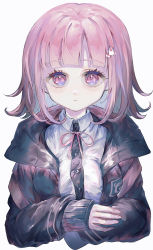 Rule 34 | 1girl, absurdres, backpack, bad id, bad pixiv id, bag, black jacket, buttons, commentary, danganronpa (series), danganronpa 2: goodbye despair, dress shirt, galaga, grey background, hair ornament, highres, jacket, long sleeves, looking at viewer, medium hair, nanami chiaki, neck ribbon, open clothes, open jacket, parted lips, pink bag, pink eyes, pink hair, pink ribbon, ribbon, shirt, sikaku, simple background, solo, symbol-only commentary, teeth, two-tone shirt, white background