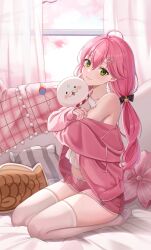 Rule 34 | 1girl, ahoge, animal, animal hug, bed, bow, curtains, green eyes, hair bow, hair ornament, hairclip, highres, hololive, hug, jacket, kintoki (sakura miko), long hair, looking at viewer, off shoulder, pillow, pink hair, pink jacket, ponytail, pora 0918, sakura miko, seiza, sitting, strapless, thighhighs, tube top, twintails, virtual youtuber, white thighhighs, white tube top, window