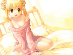 Rule 34 | bare shoulders, bed, blonde hair, breasts, cleavage, green eyes, hair ribbon, naked sweater, no bra, ribbon, short hair, sitting, solo, sweater, twintails