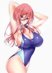 Rule 34 | 1girl, armpits, arms up, blue eyes, blue one-piece swimsuit, breasts, brown hair, cleavage, collarbone, competition school swimsuit, covered navel, cowboy shot, from side, go-toubun no hanayome, hair between eyes, headphones, headphones around neck, highres, huge breasts, long hair, looking at viewer, nakano miku, one-piece swimsuit, parted bangs, sankakusui, school swimsuit, simple background, solo, standing, swimsuit, thighs, wet, wet hair, white background
