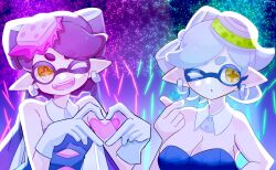 Rule 34 | 2girls, :o, bare shoulders, black hair, bow-shaped hair, breasts, callie (splatoon), cleavage, collar, commentary request, cousins, detached collar, earrings, fireworks, food, food on head, gloves, heart, heart hands, highres, hoop earrings, inkling, jewelry, large breasts, long hair, looking at viewer, marie (splatoon), mole, mole under eye, multiple girls, nintendo, object on head, one eye closed, open mouth, outdoors, pointy ears, short hair, smile, splatoon (series), star-shaped pupils, star (symbol), sushi, symbol-shaped pupils, teeth, tentacle hair, thick eyebrows, tonbofree, white collar, white gloves, white hair, yellow eyes, yellow pupils