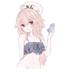 Rule 34 | 1girl, ahoge, alternate costume, alternate hairstyle, bare shoulders, blue archive, bra, breasts, collarbone, commentary, cropped torso, groin, hair between eyes, hair ornament, halo, momomomochi (momomomoti18), natsu (blue archive), navel, open mouth, pink hair, red eyes, red halo, side ponytail, simple background, small breasts, solo, swimsuit, underwear, white background